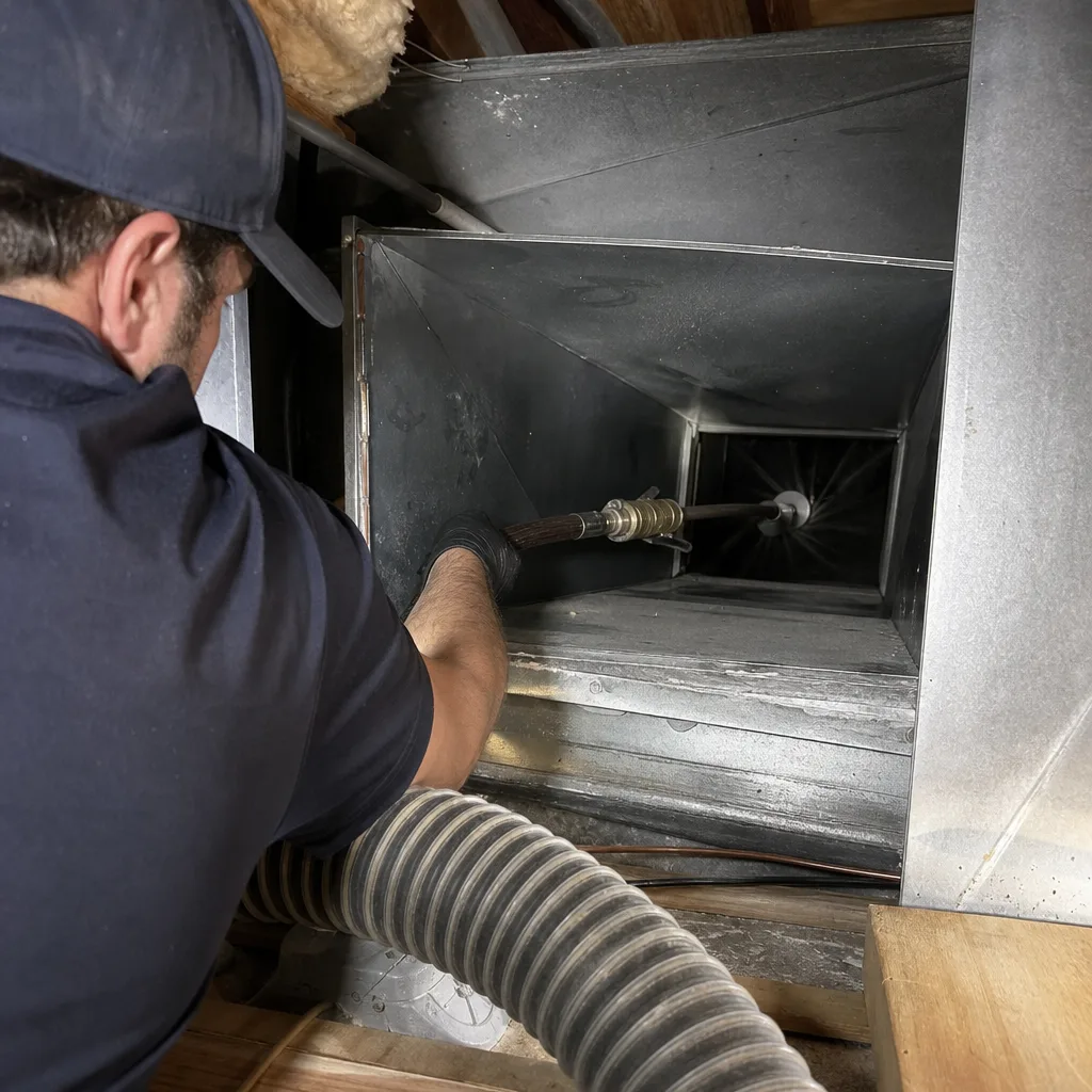 Technician using professional equipment for residential air duct cleaning