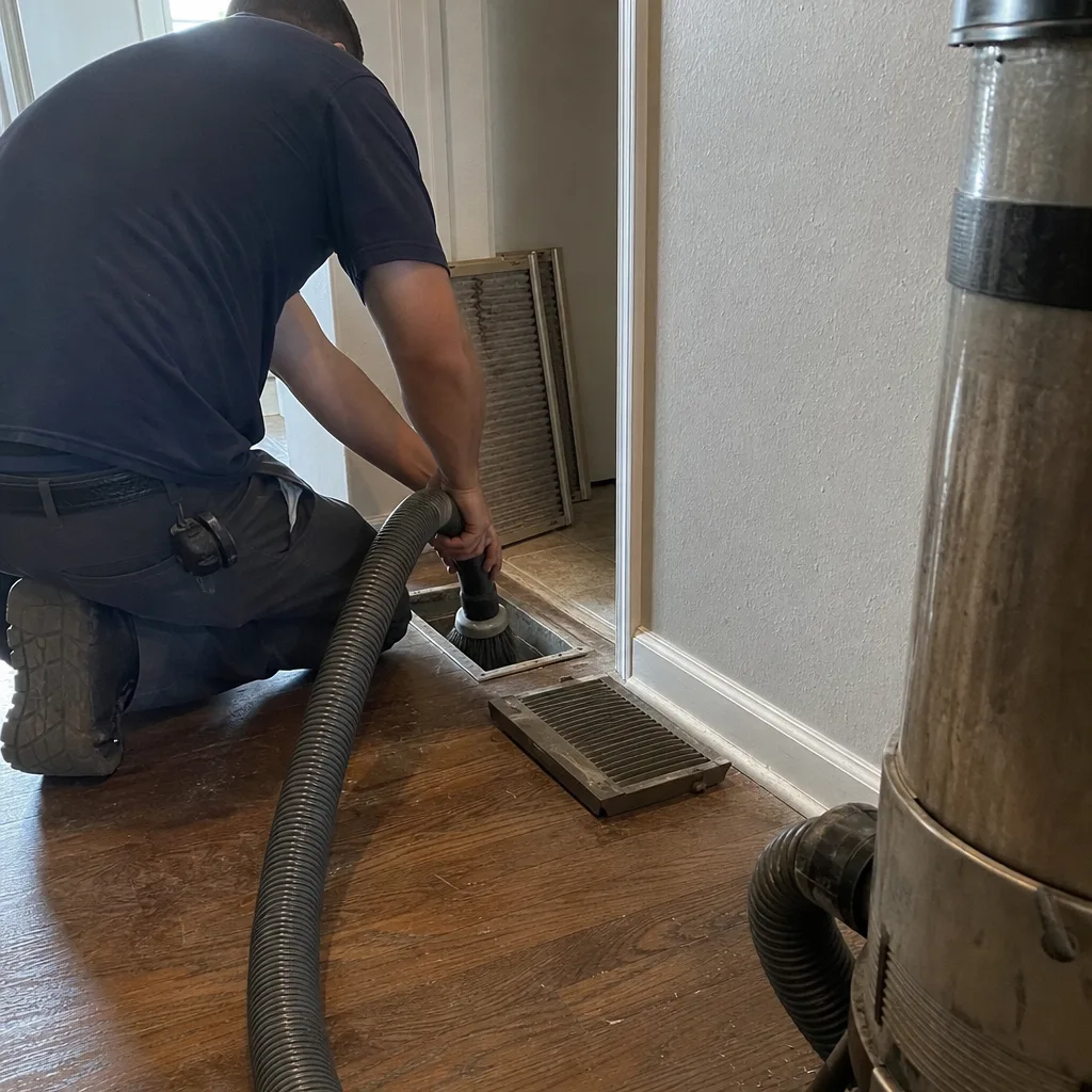 Professional technician performing air duct cleaning and vacuuming services.