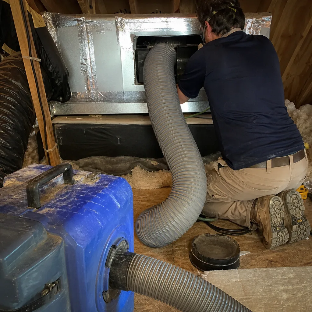 Technician performing professional air duct sealing in an attic